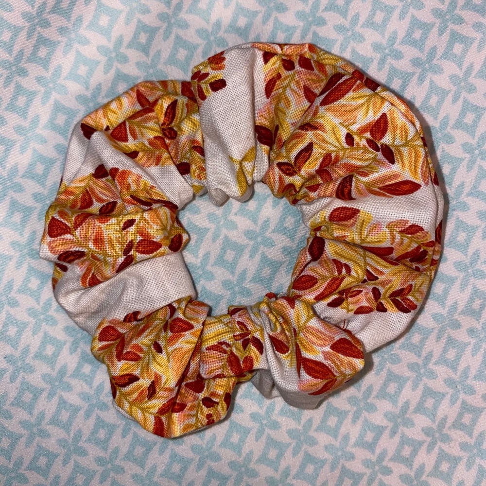 Handmade leaves on blue scrunchie!